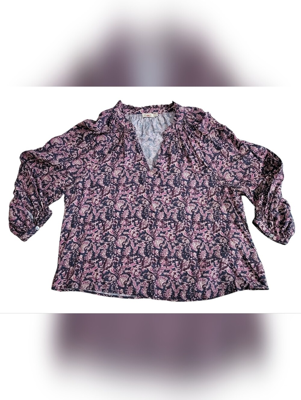 Faherty Women's floral Portia Fiona 3/4 sleeve split neck peasant top size Xs
